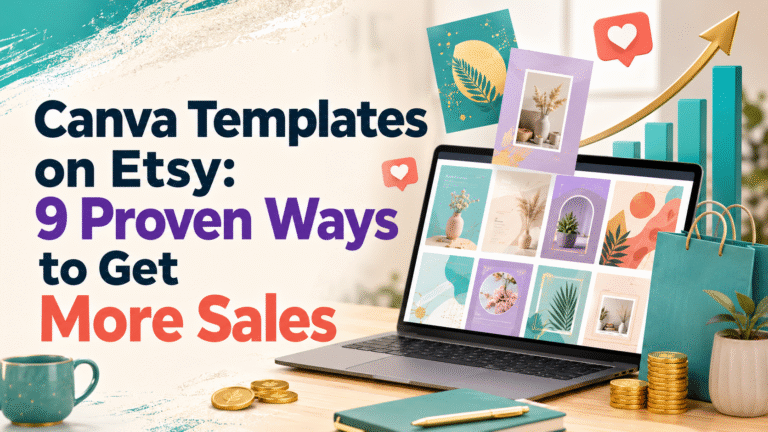 Canva templates on Etsy with design previews and a rising sales chart