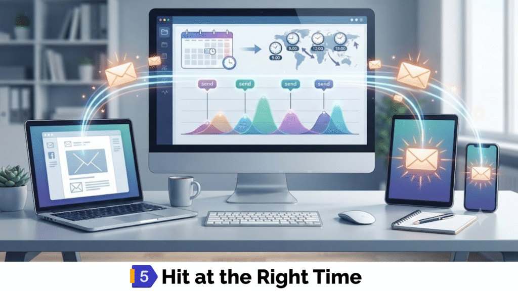 Automated email workflow dashboard featuring global time zones and scheduling analytics charts.Email newsletter