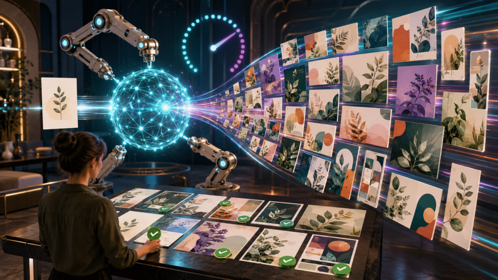 Creative AI system rapidly generating multiple Canva template variations