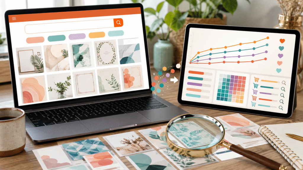 Marketplace search results and demand charts used for template keyword research