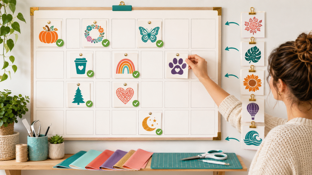 Calendar scheduling different SVG and Canva template listings throughout the month