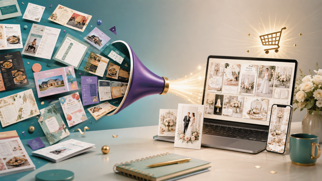 Different Canva templates narrowing into one focused wedding niche
