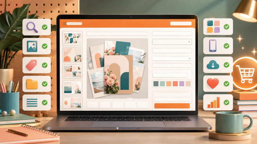 SEO checklist cards surrounding a digital-template product listing