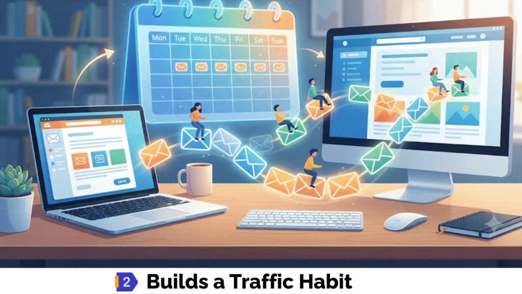 A calendar schedule connected to glowing mail icons and website pages, showing consistent traffic through habits through email marketing 