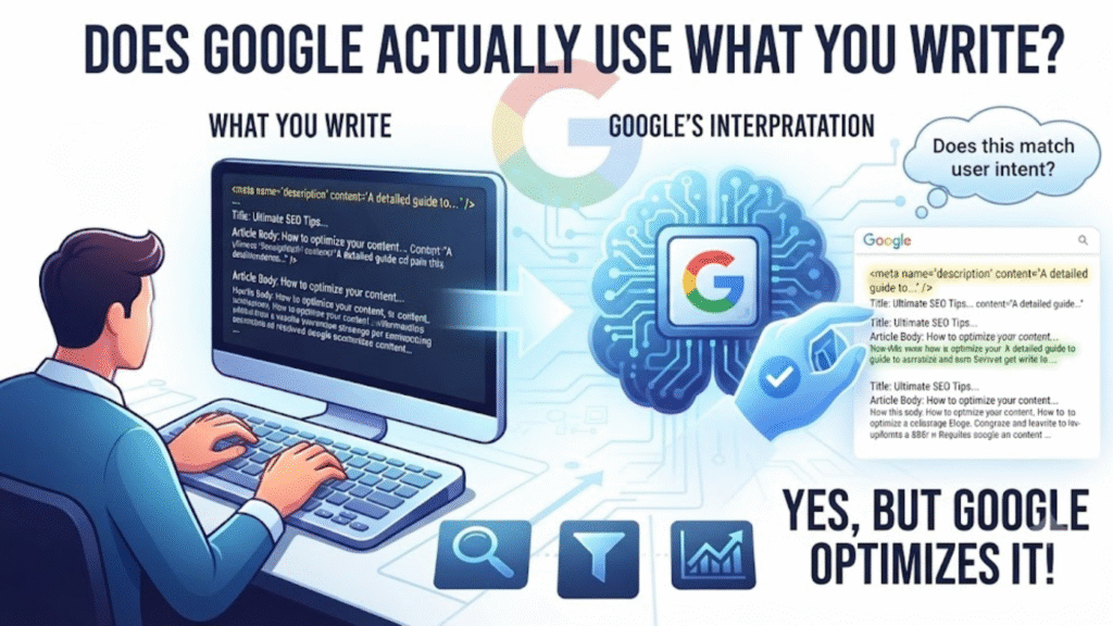 Illustration comparing user-written meta description code to the final version displayed on a Google SERP to see if Google uses it.