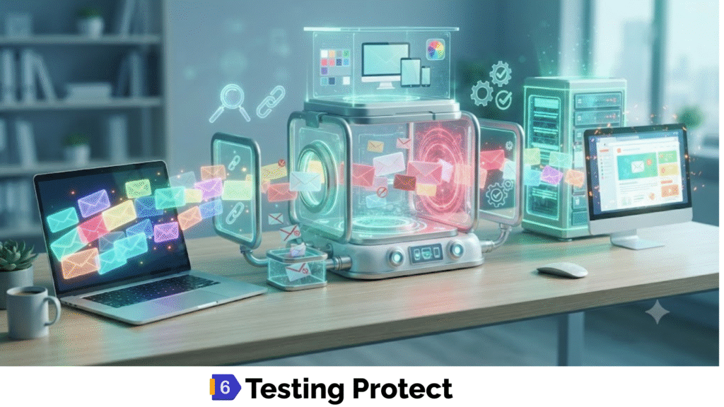An advanced diagnostic machine checking email links, layouts, and data feeds to safeguard website traffic.
