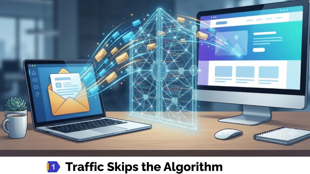 : Laptop transmitting email messages through a digital barrier directly to a website monitor.