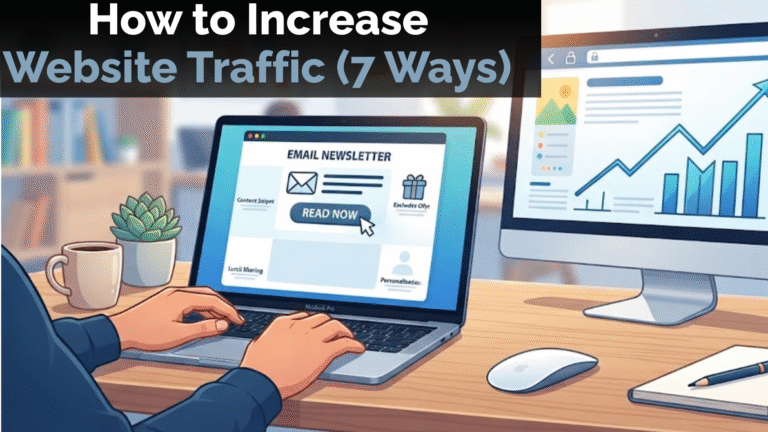 Laptop and computer monitor displaying an email newsletter dashboard and website traffic growth charts.