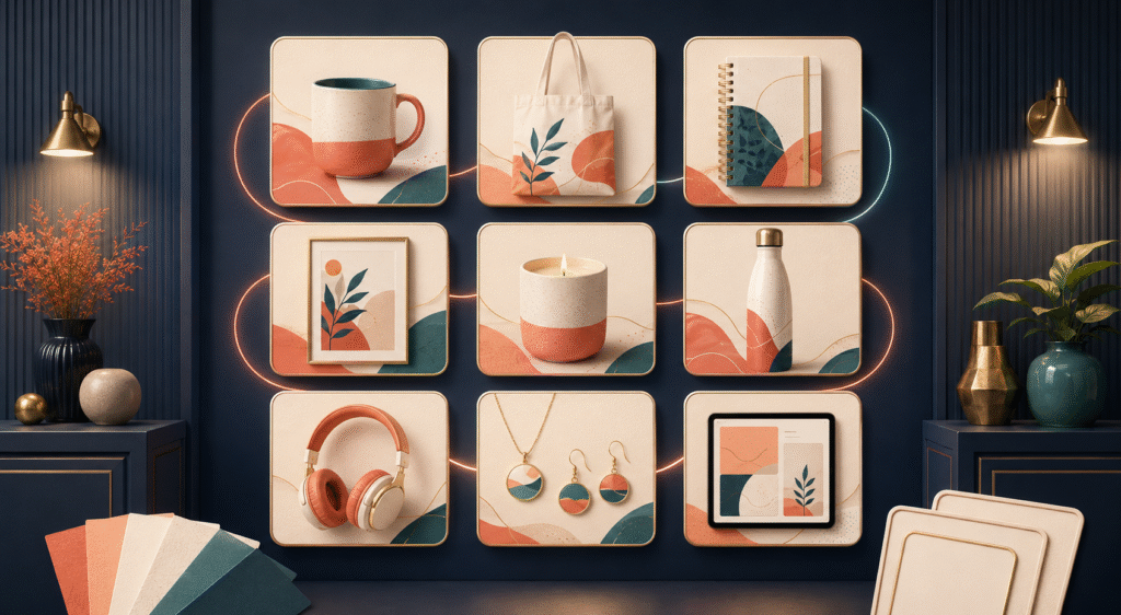 Etsy listing thumbnail collection using consistent colors, lighting, framing and product presentation