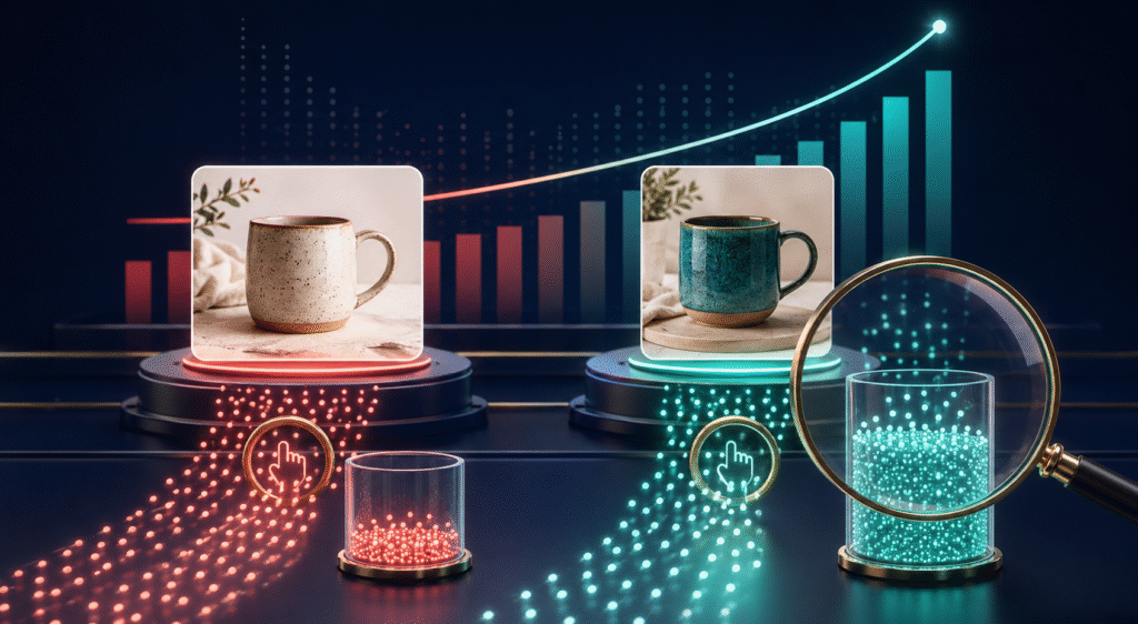 Two Etsy listing thumbnail versions compared using visitor and click performance data
