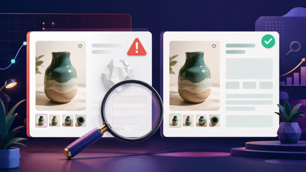 Etsy SEO mistakes shown through an attractive product listing with a neglected and nearly empty description