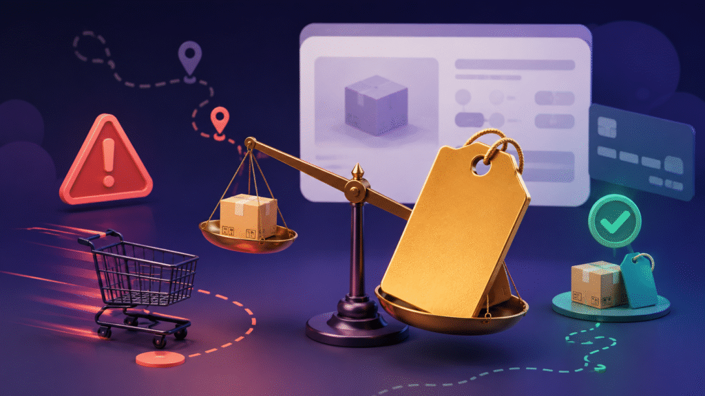 Etsy SEO mistakes illustrated by a small parcel outweighed by an oversized shipping price tag
