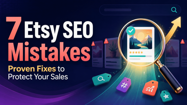 Etsy SEO mistakes illustrated by a magnifying glass revealing an optimized product listing and improved visibility