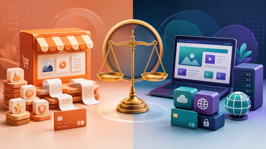 Scales comparing Etsy fees with the costs of running an own website
