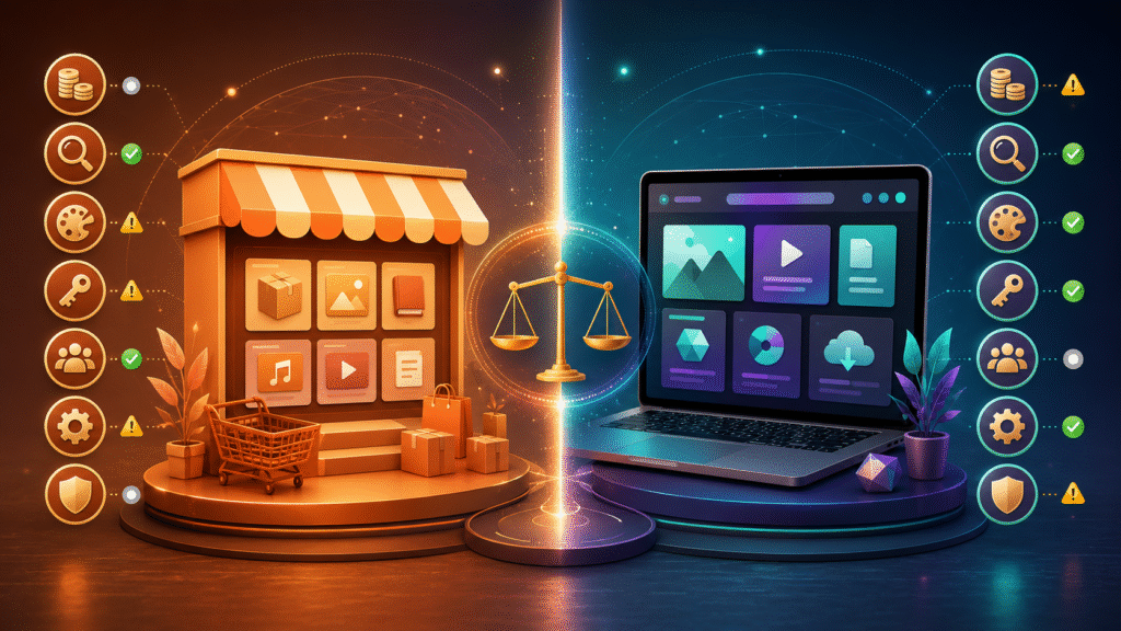 Side-by-side view of an Etsy-style marketplace and an independent online store