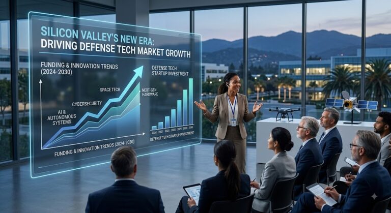 A detailed illustration of a conference presentation titled 'SILICON VALLEY'S NEW ERA: DRIVING DEFENSE TECH MARKET GROWTH', displaying a rising line chart of 'FUNDING & INNOVATION TRENDS' (including AI, CYBERSECURITY, SPACE TECH, NEXT-GEN HARDWARE) and an ascending bar graph showing 'DEFENSE TECH STARTUP INVESTMENT', with a woman speaker gesturing in front of a modern Silicon Valley office background at dusk.