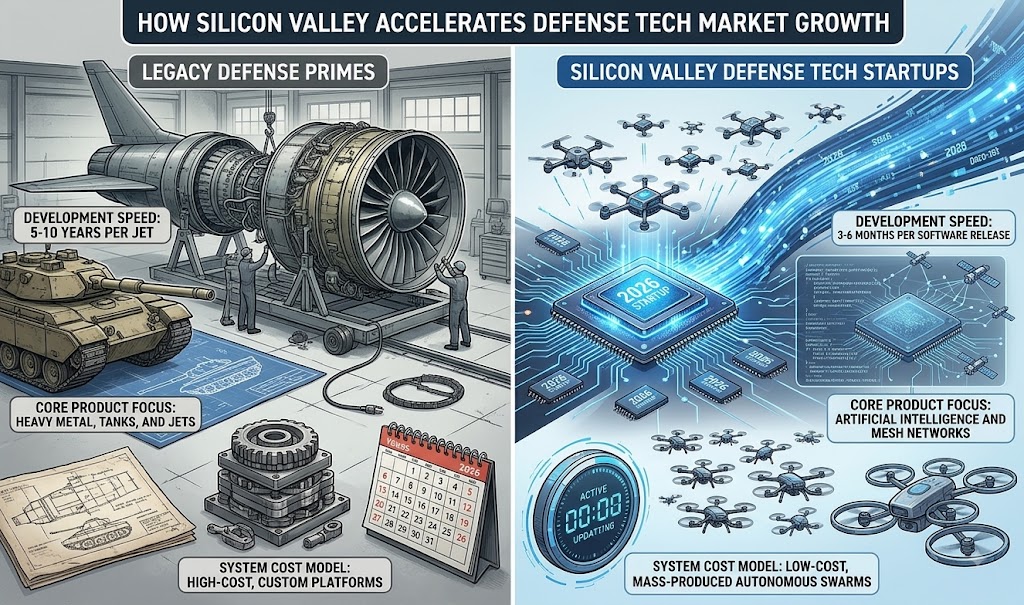 An infographic on defense tech market growth comparing traditional defense primes with modern Silicon Valley startups.