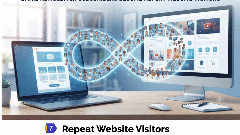 An illustrative scene showing a cyclical flow of diverse audience avatars from a laptop displaying a newsletter to a large monitor displaying a website, representing repeat visits.