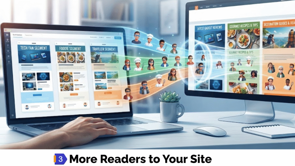 Segmented email newsletters directing targeted readers to specific pages on a website.