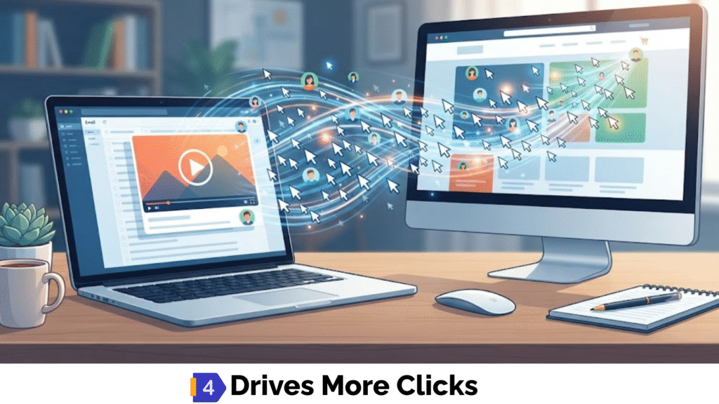 An email newsletter featuring an embedded video player launching a stream of cursor clicks toward a website.