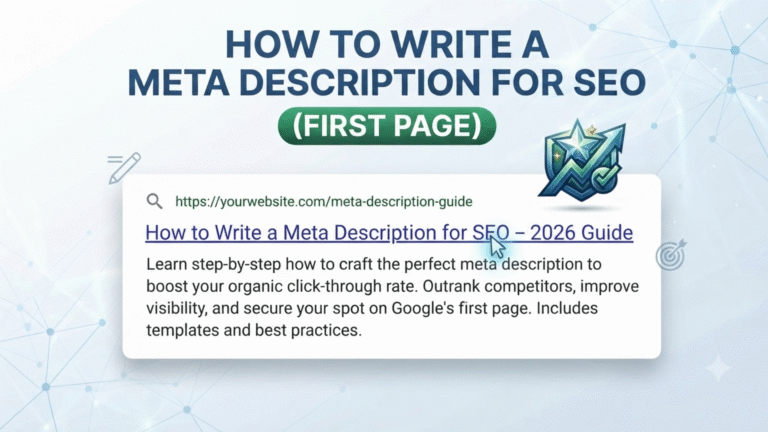 Graphic showing how to write a meta description for seo to reach the first page of Google search results.