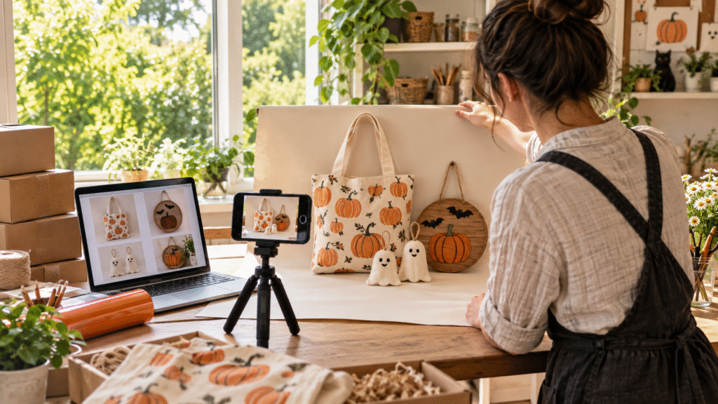 Seller photographing Halloween crafts with a smartphone beside a laptop and a window overlooking summer greenery.