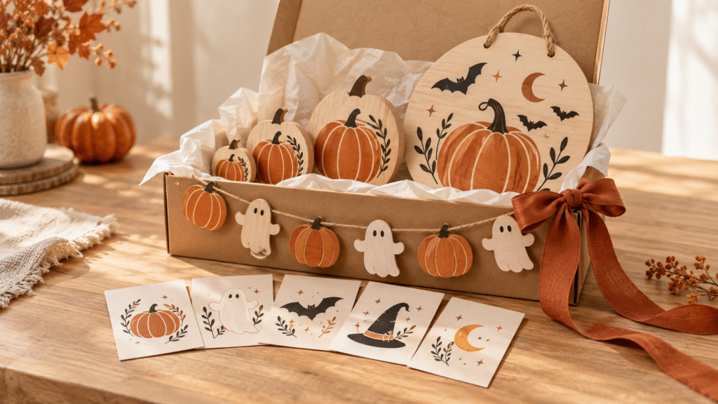 Halloween crafts bundle with wooden pumpkins, a round door sign, ghost garland and five illustrated cards.