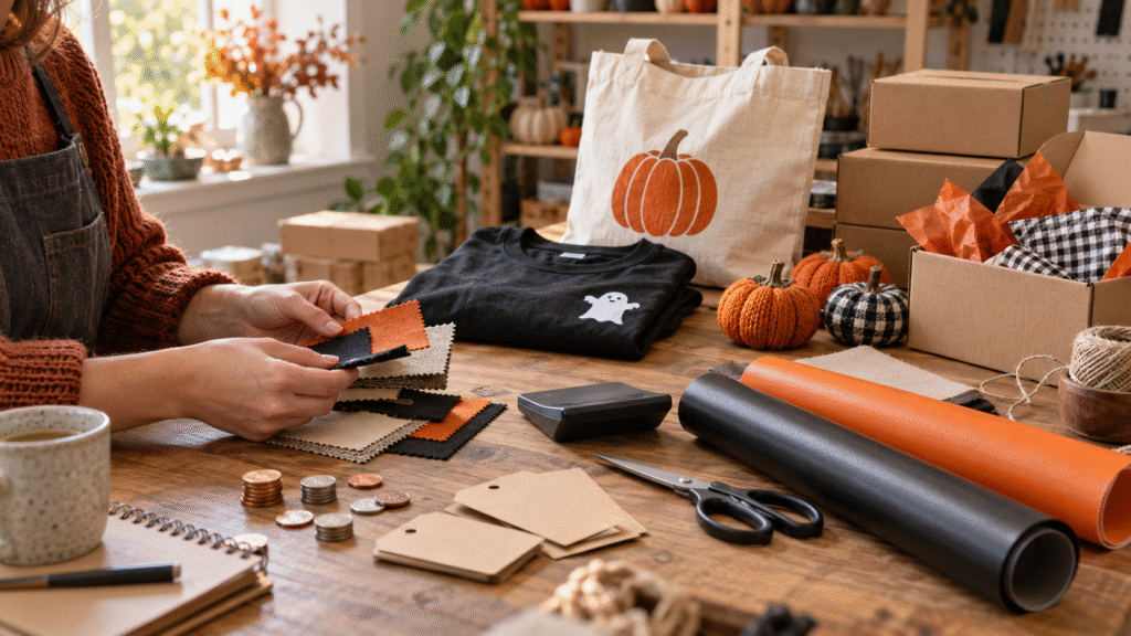 Maker sorting fabric samples beside Halloween crafts, vinyl rolls, coins and packaging supplies.