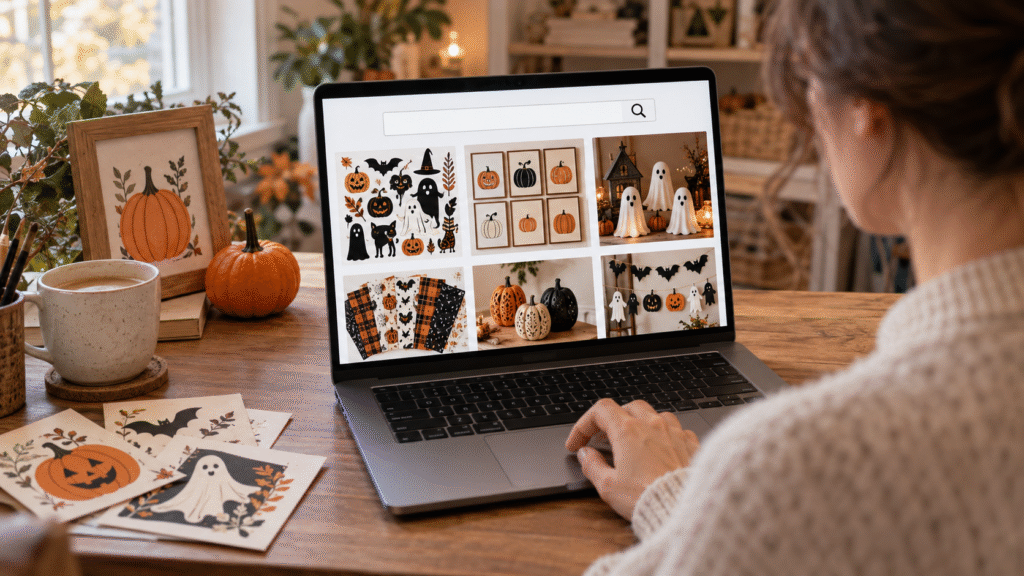 Shopper browsing Halloween crafts and digital design collections in a laptop product search.