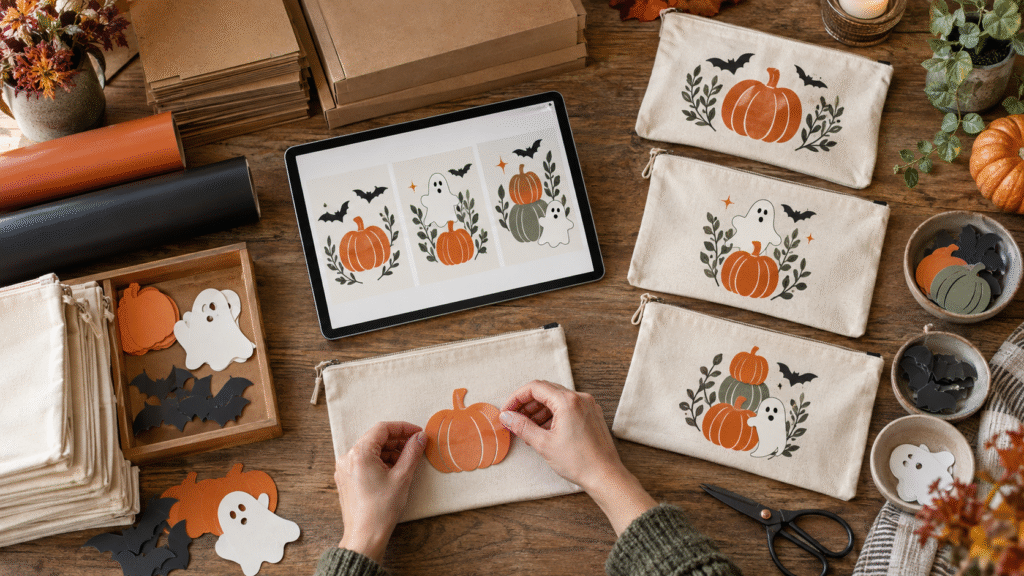 Maker arranging pumpkin cutouts on a canvas pouch beside bulk supplies and reusable Halloween designs on a tablet.