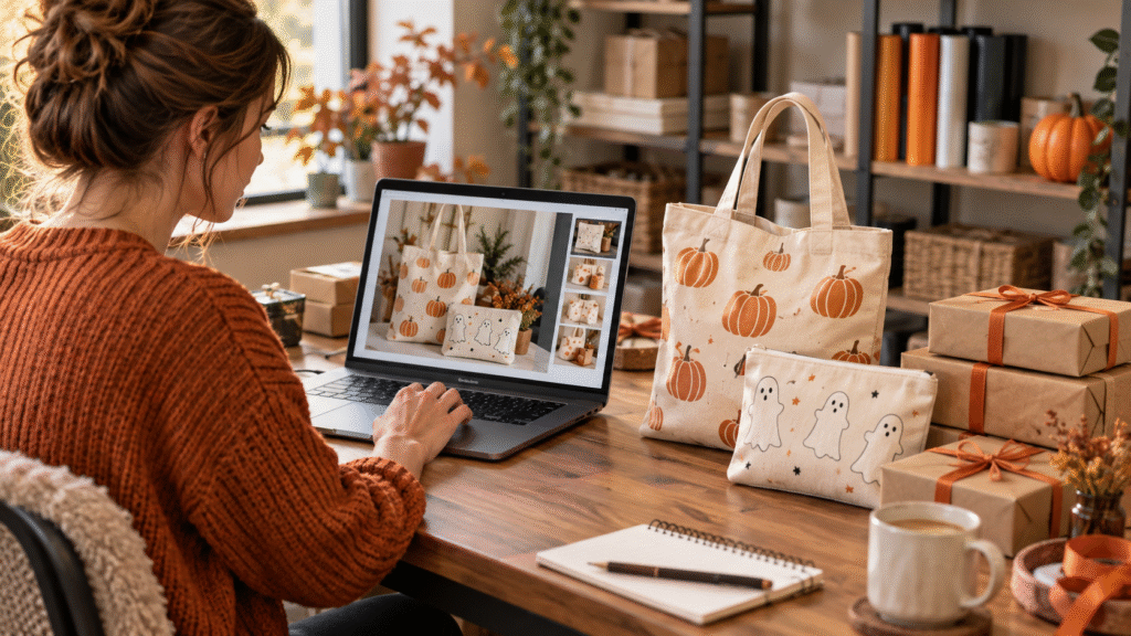 Craft seller preparing Halloween product images on a laptop beside a pumpkin tote, ghost pouch and packaged orders.