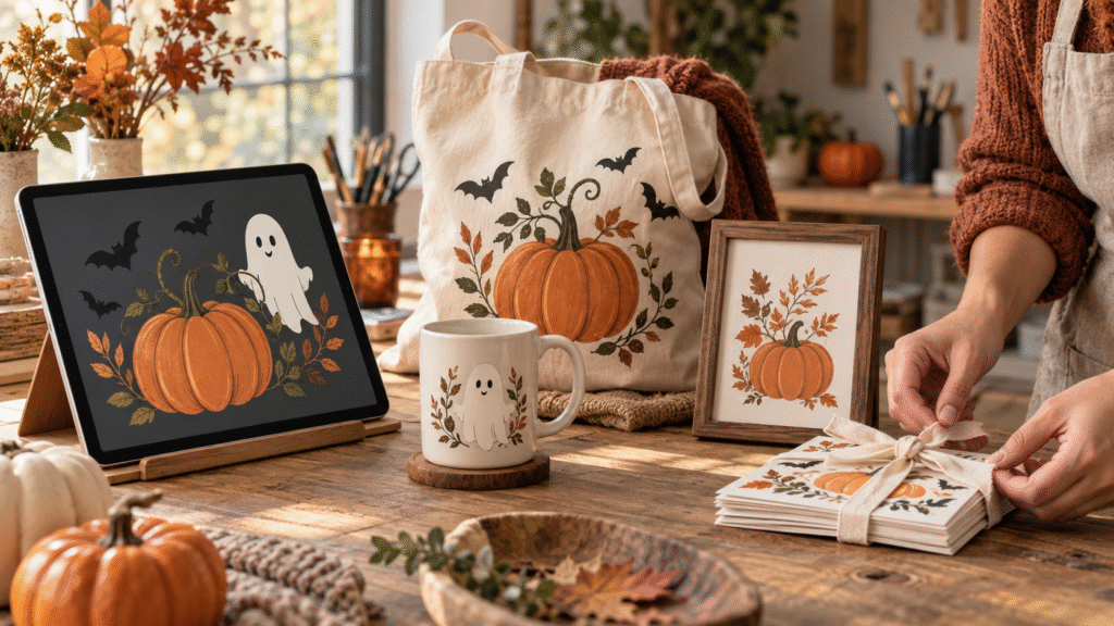 Coordinated Halloween crafts with pumpkin and ghost designs on a tablet, tote bag, mug and framed print.