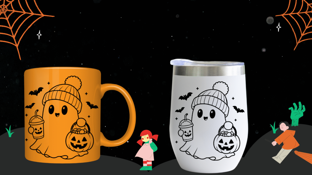 Halloween SVG design displayed on cup and mug mockups for seasonal crafting