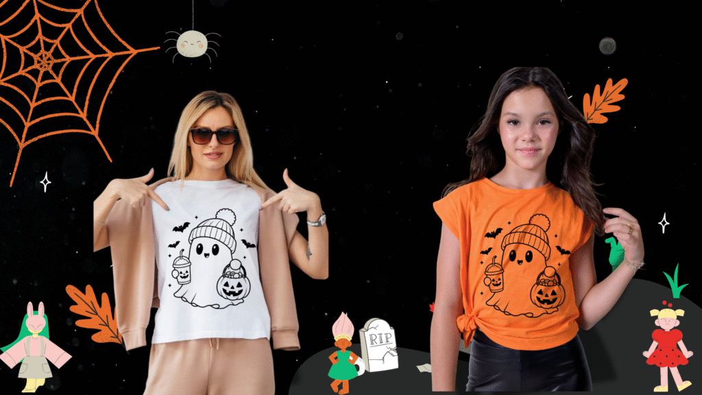 Halloween SVG design shown on a T-shirt mockup for promoting digital craft files