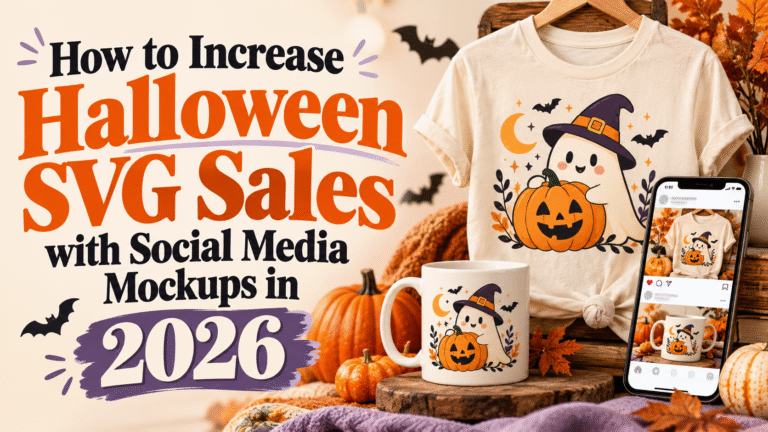 Halloween SVG designs displayed on T-shirt, mug, and social media mockups to increase sales in 2026