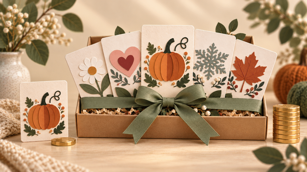Five seasonal design cards bundled with a sage ribbon beside a single pumpkin card and coin stacks.
