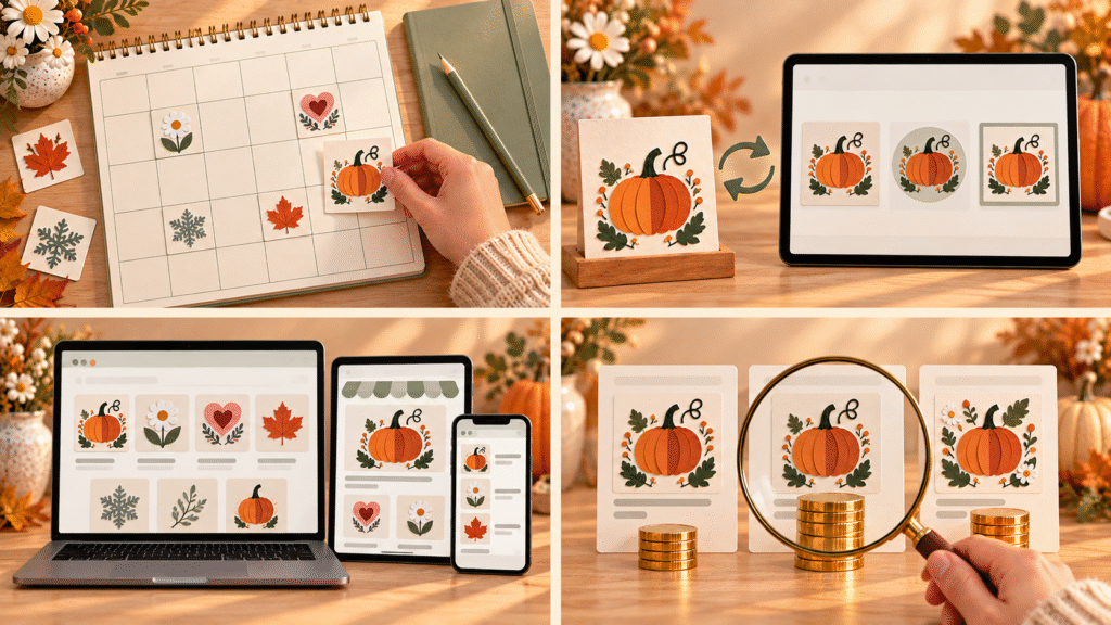 Four panels show a seasonal design calendar, refreshed pumpkin listings, multiple online storefronts, and a comparison of competitor prices.