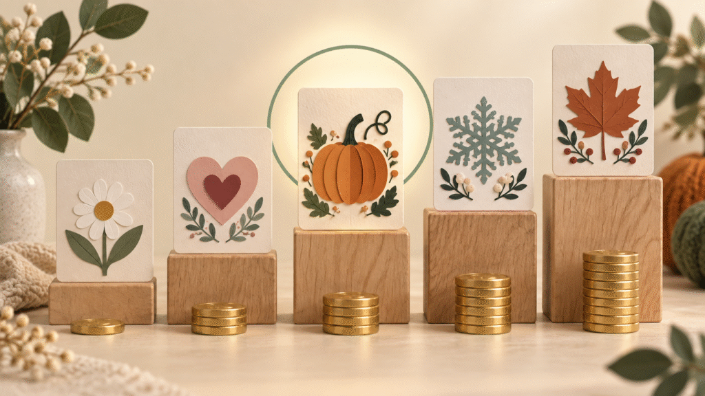 A hand selects the middle pumpkin design among five seasonal cards with increasing coin stacks.