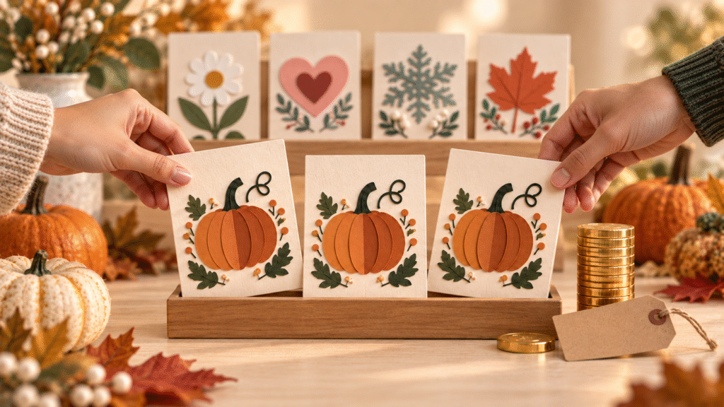 Two shoppers select pumpkin design cards from an autumn display beside a stack of coins.