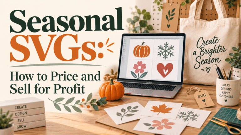 Seasonal SVGs displayed on a laptop beside craft products, with the heading “Seasonal SVGs: How to Price and Sell for Profit.”