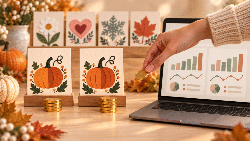 A hand adds a coin beside matching pumpkin designs, with comparison charts displayed on a laptop.