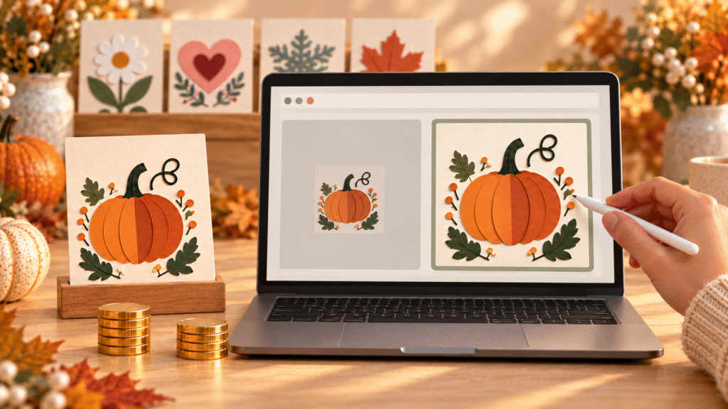A laptop compares a small pumpkin product image with a larger, clearer thumbnail while a stylus points to the improved version