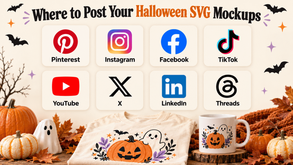 Halloween SVG mockups displayed for Pinterest, Instagram, Facebook, TikTok, YouTube, X, LinkedIn, and Threads