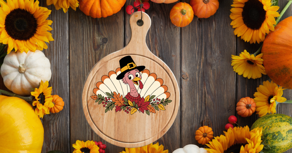 Decorated cutting board presented as a Thanksgiving gift.