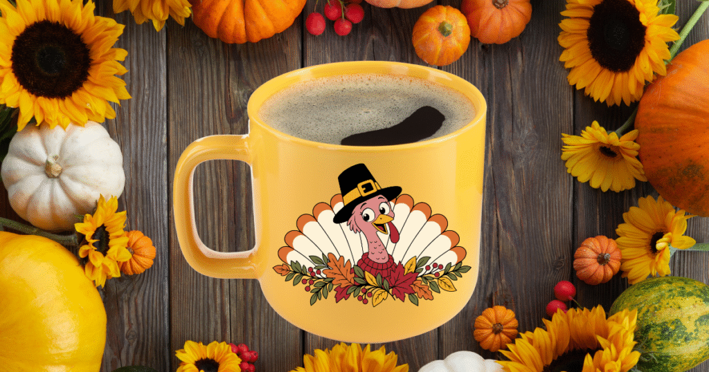 Fall-themed mugs paired with hot cocoa mix.