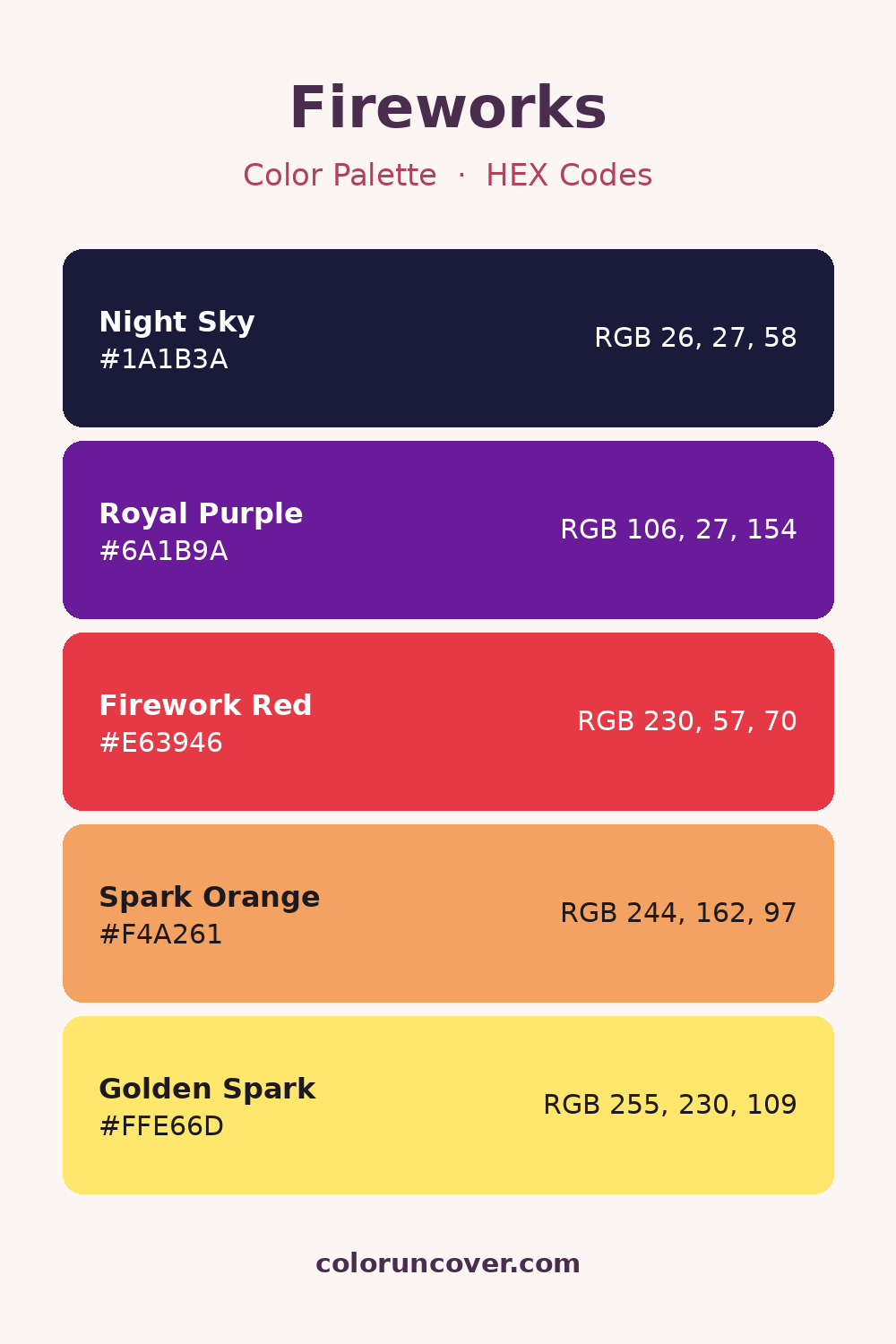 Fireworks color palette with HEX codes