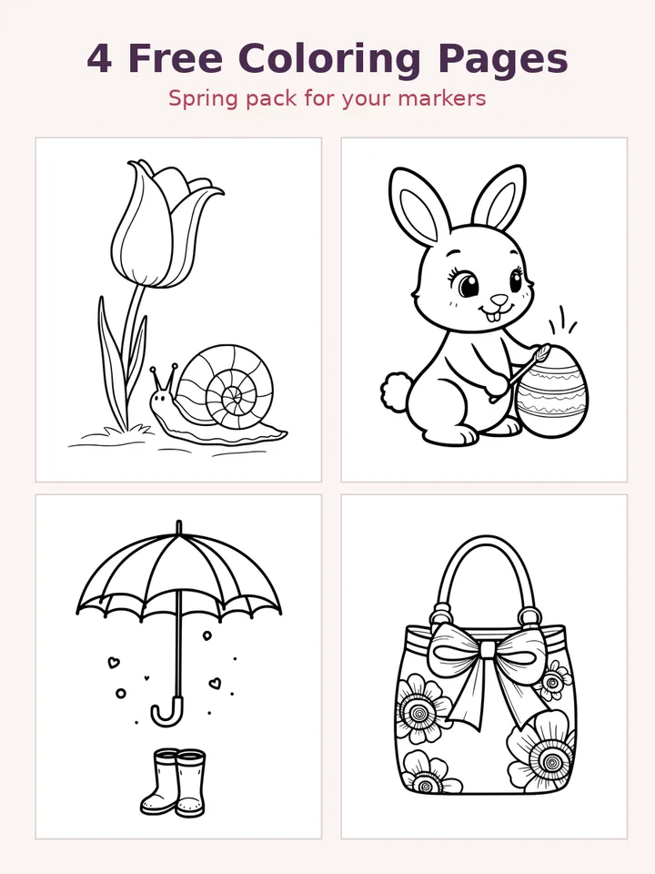 Preview of 4 free printable spring coloring pages: tulip and snail, Easter bunny, umbrella with rain boots, and flower handbag