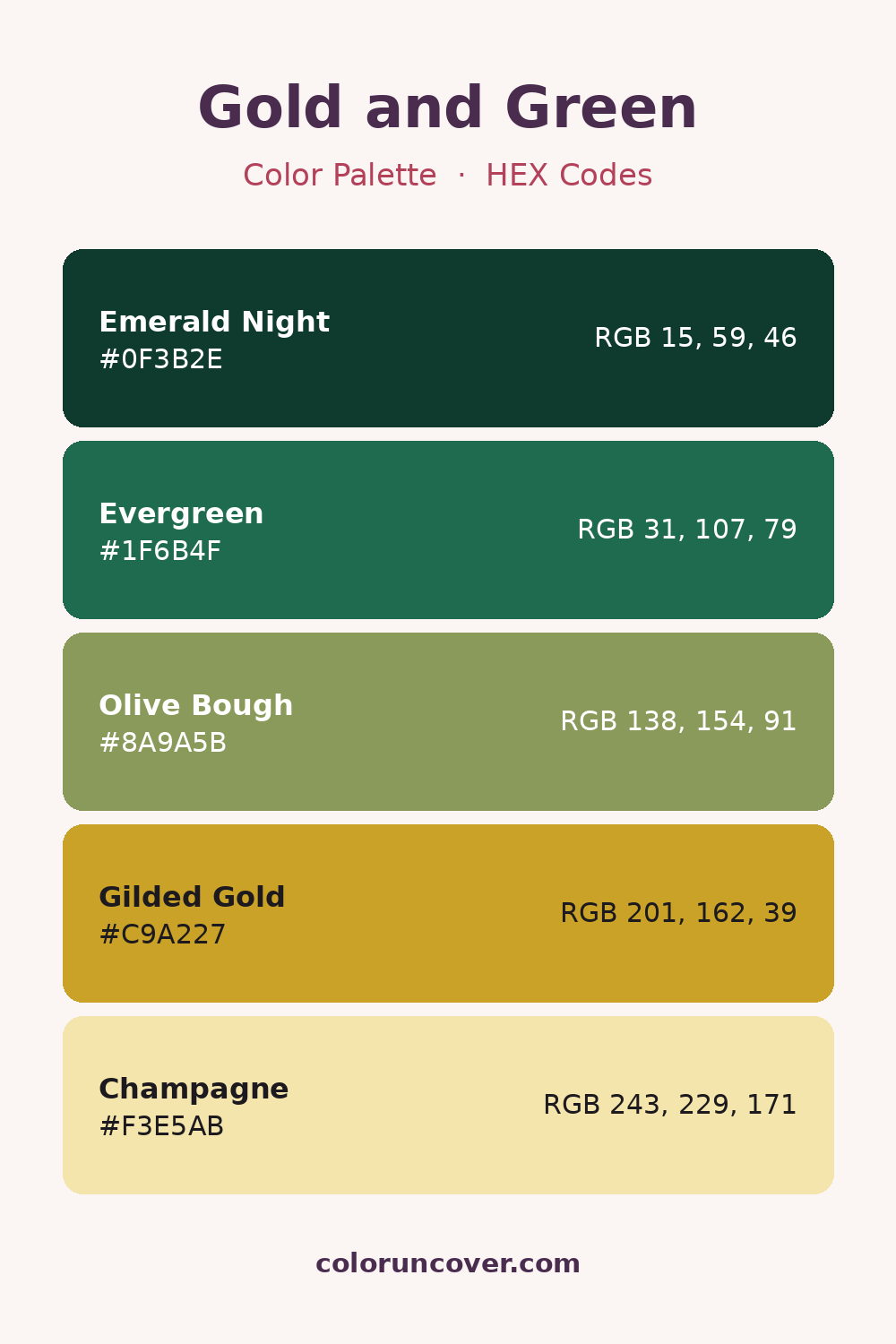 Gold and Green color palette with HEX codes