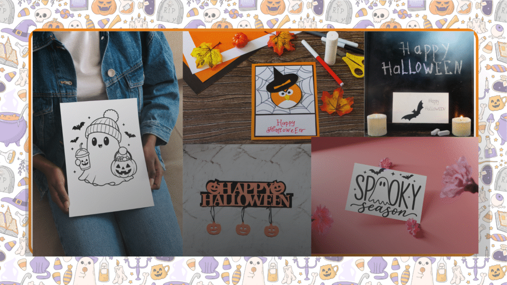 Halloween greeting cards and themed paper goods displayed as craft ideas for a seasonal collection.