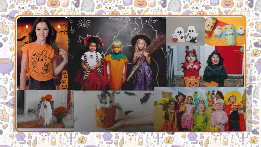 Halloween pet bandanas and children’s trick-or-treat bags featuring festive designs.